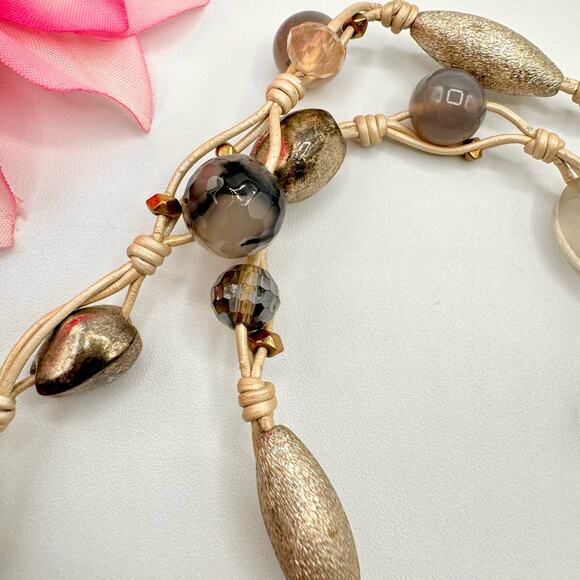 Nakamol Knotted Pearlized Leather Glass Bead Necklace Gray Tones Neutral Boho - Picture 7 of 14